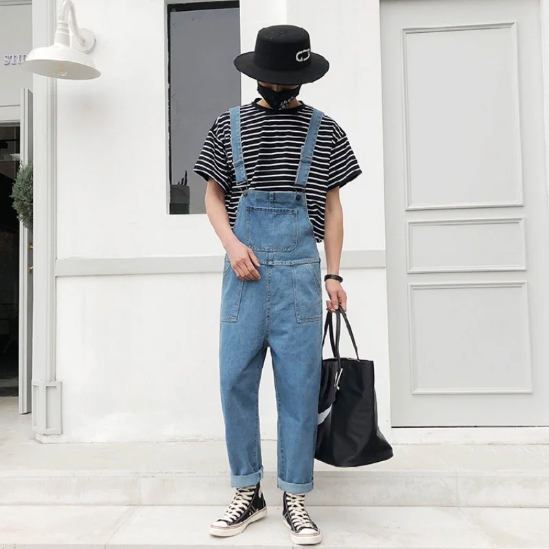 Jumpsuits Denim Men Ankle Length Button-Strap Jeans Fashion Loose Fit Hip Hop Jumpsuit One-Piece Harem Pants S-2XL