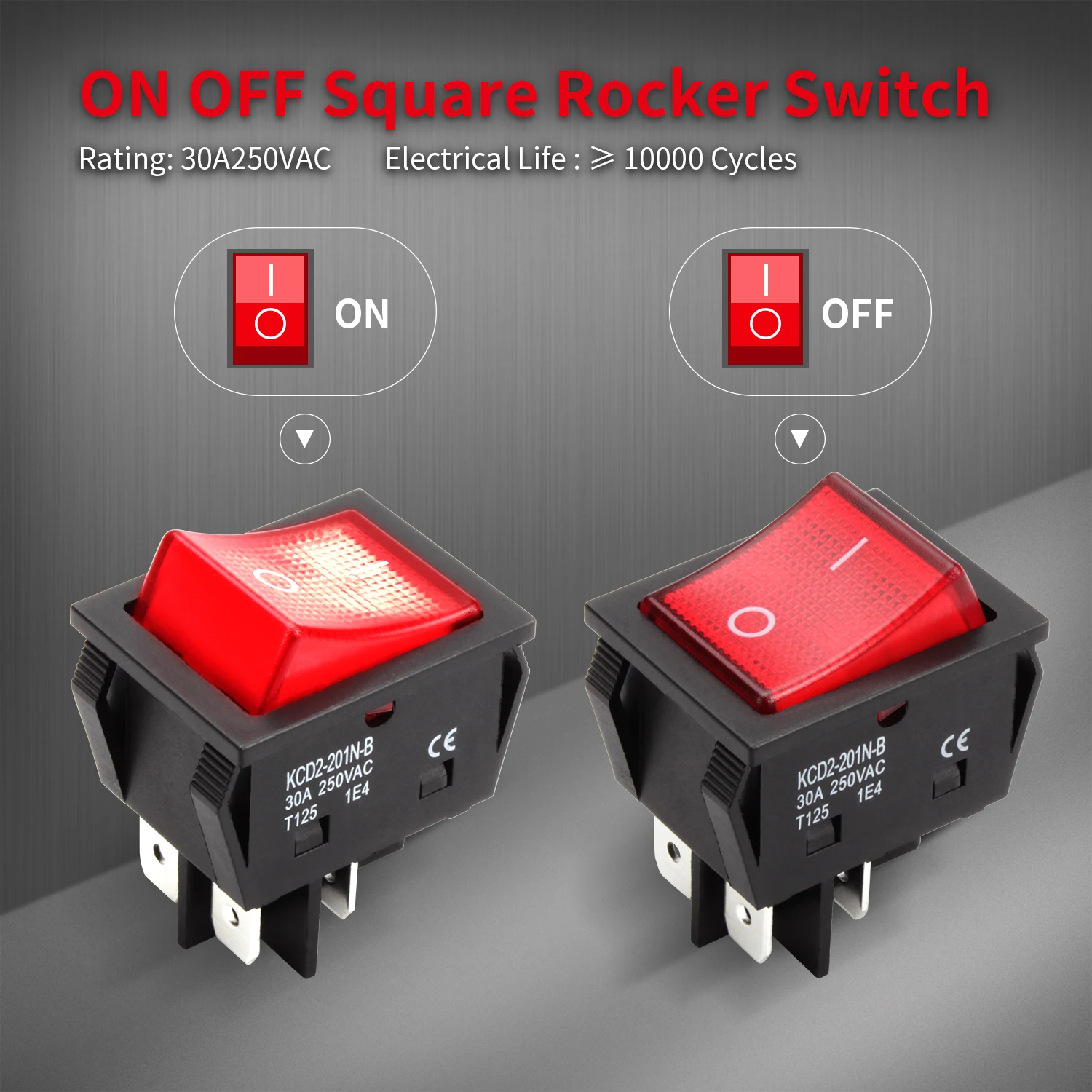 DaierTek 5PCS 30A 250V Heavy Duty KCD2 Rocker Switch ON Off DPST 4 Pin With Red Lighted 220V Toggle Switch T125