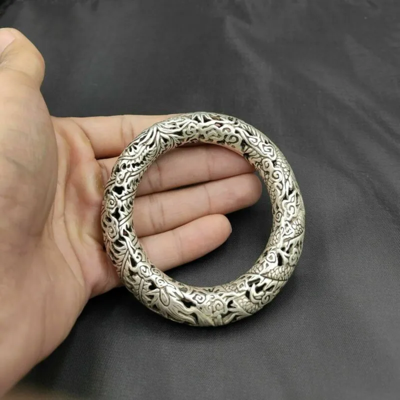 

Rare Tibet Silver Carved Dragon Men's Bracelet Bangle Decoration Gift Hollow Round Bracelet Handmade Jewelry National Style