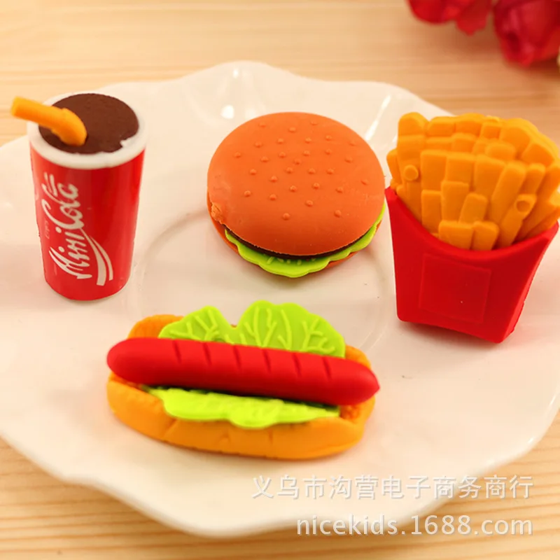 Ellen Brook 1 Pcs Cute Kawaii Hamburger Food Drink Cola Rubber Eraser Set School Office Erase Supplies Kids Gifts