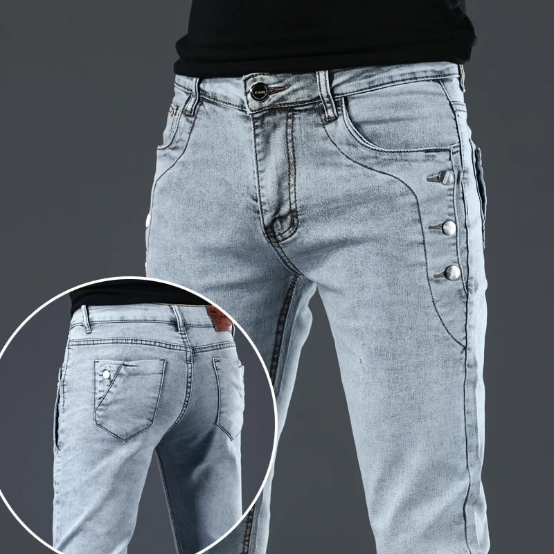 Calça jeans masculina, calça jeans de marca da moda com bolso de botão, para ocasião casual, slim, de algodão, azul claro, cinza escuro, de