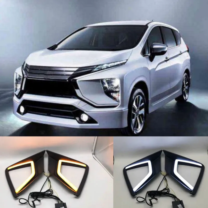 2Pcs For Mitsubishi Xpander 2017 2018 2019 Car DRL fog lamp With Yellow Turn Signal LED Daytime Running Light