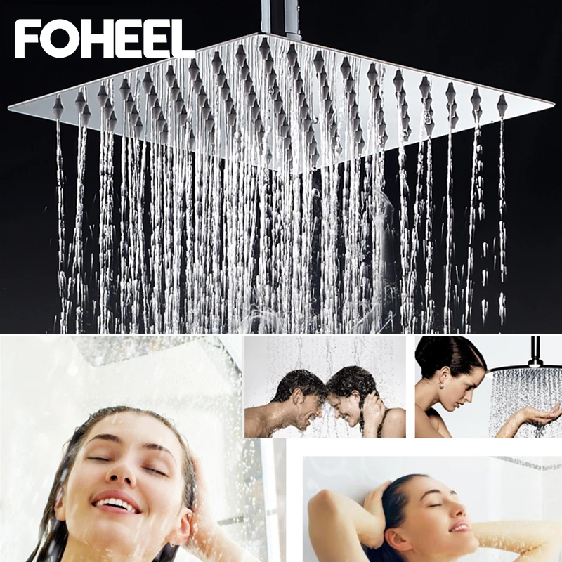 FOHEEL 12/10/8/6 inch Square Shower head Polished Chrome Stainless Steel Bathroom Rainfall Shower Heads