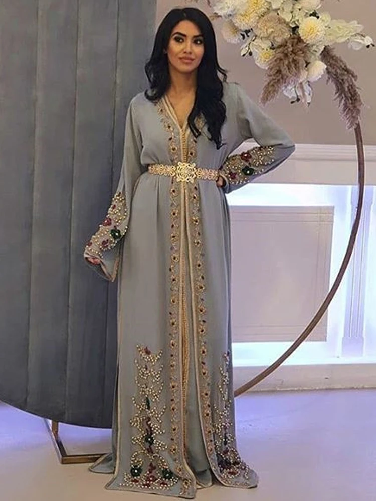 Lorie Celebrity Avondjurken Marokkaanse Caftan Voor Vrouwen Kant Applicaties Kralen Formele Silver Grey Prom Partij Jassen Lange Mouw