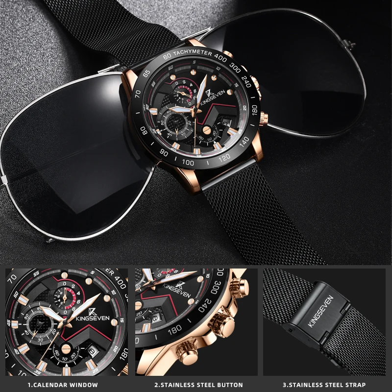 KINGSEVEN New Fashion Watches with Stainless Steel Top Brand Luxury Sports Chronograph Quartz Watch Men Relogio Masculino