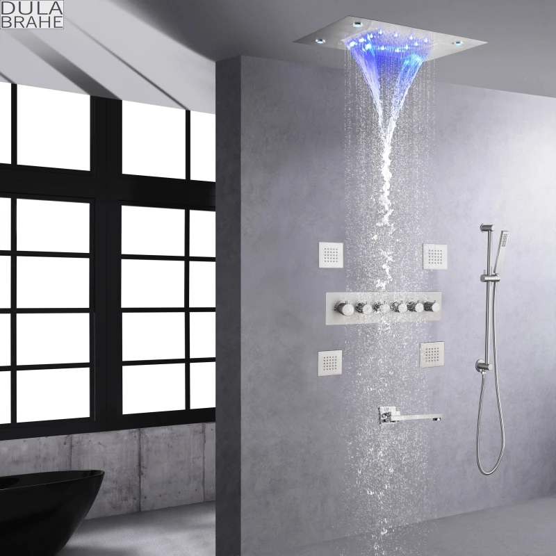 

DULABRAHE Thermostatic Brushed Shower Faucet Set Bathroom System Concealed Body Spray 20X14 Inch LED Waterfall Rain Shower Head