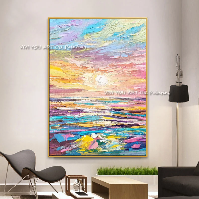 100% Hand painted colorful ocean oil painting romantic pink knife canvas handmade modern artist home decoration wall art