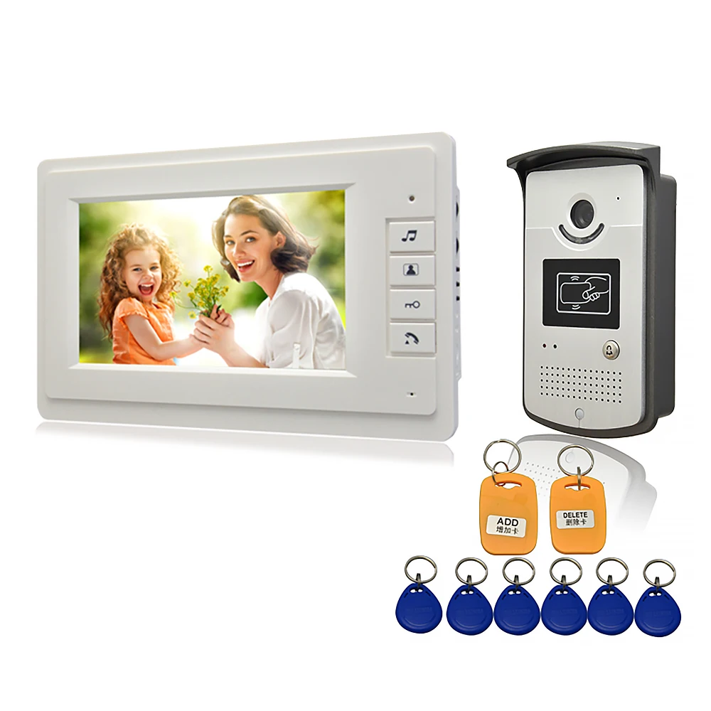 Video Intercom Doobell 7 Inch LCD Monitor Video Door Phone Access Control System with RFID Keyfobs IR Night Waterproof Camera