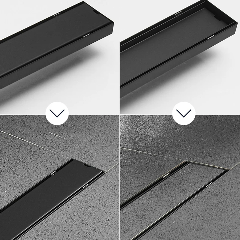 Black Long Strip Floor Drain Shower Large Displacement Bathroom Rectangular Extended Deodorant Invisible Stainless Steel