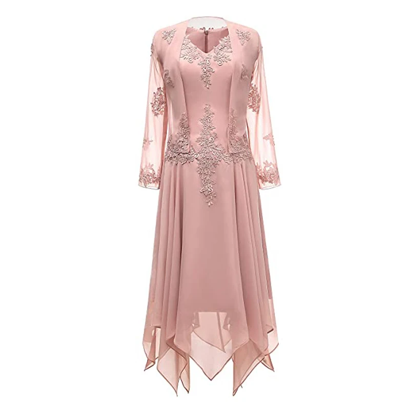 Mother of the Bride Dresses Elegant Pink Lace V-neck Pantsuit 2 Pieces Plus Size Wedding Party Guest Gown Long Sleeves Jacket