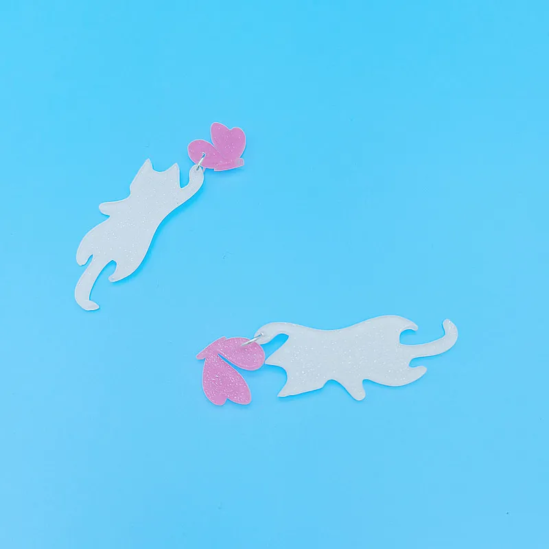 KUGUYS Cat Catches Butterfly Drop Earrings for Women Glitter Pink White Kittens Acrylic Jewellery Cute Girls Kids Accessories