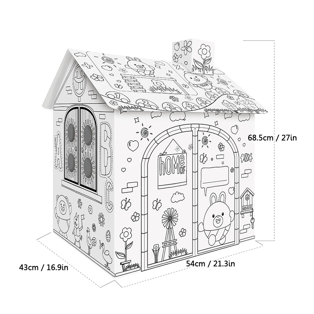 DIY 대형 골판지 컬러링 크리에이티브 공예 플레이 하우스 프로젝트 조립 및 페인트 교육용 장난감, 2.2 피트, 어린이 연령대