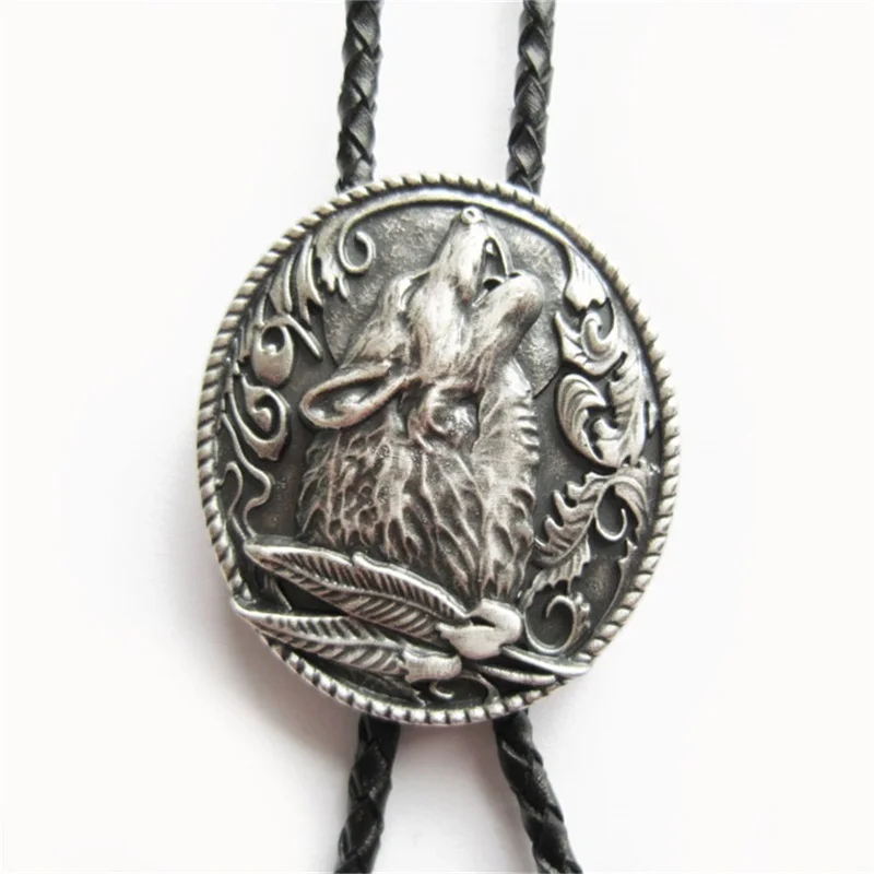 

Vintage Style Silver Plating Western Wolf Wedding Oval Bolo Tie Neck Tie Leather Necklace also Stock in US