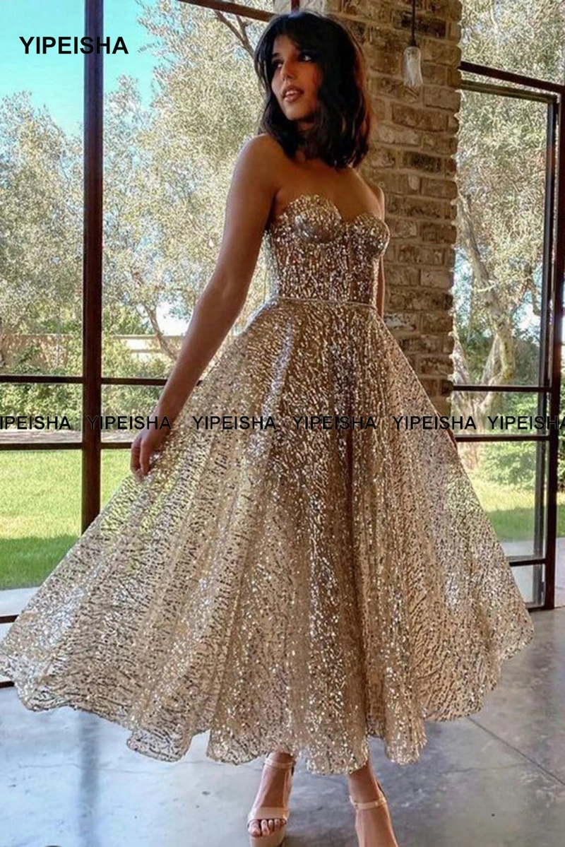 Yipeisha New Glitter A Line Prom Dress Short Sweetheart Backless Evening Gowns Ankle Length Shiny Women Formal Party Dress 2024