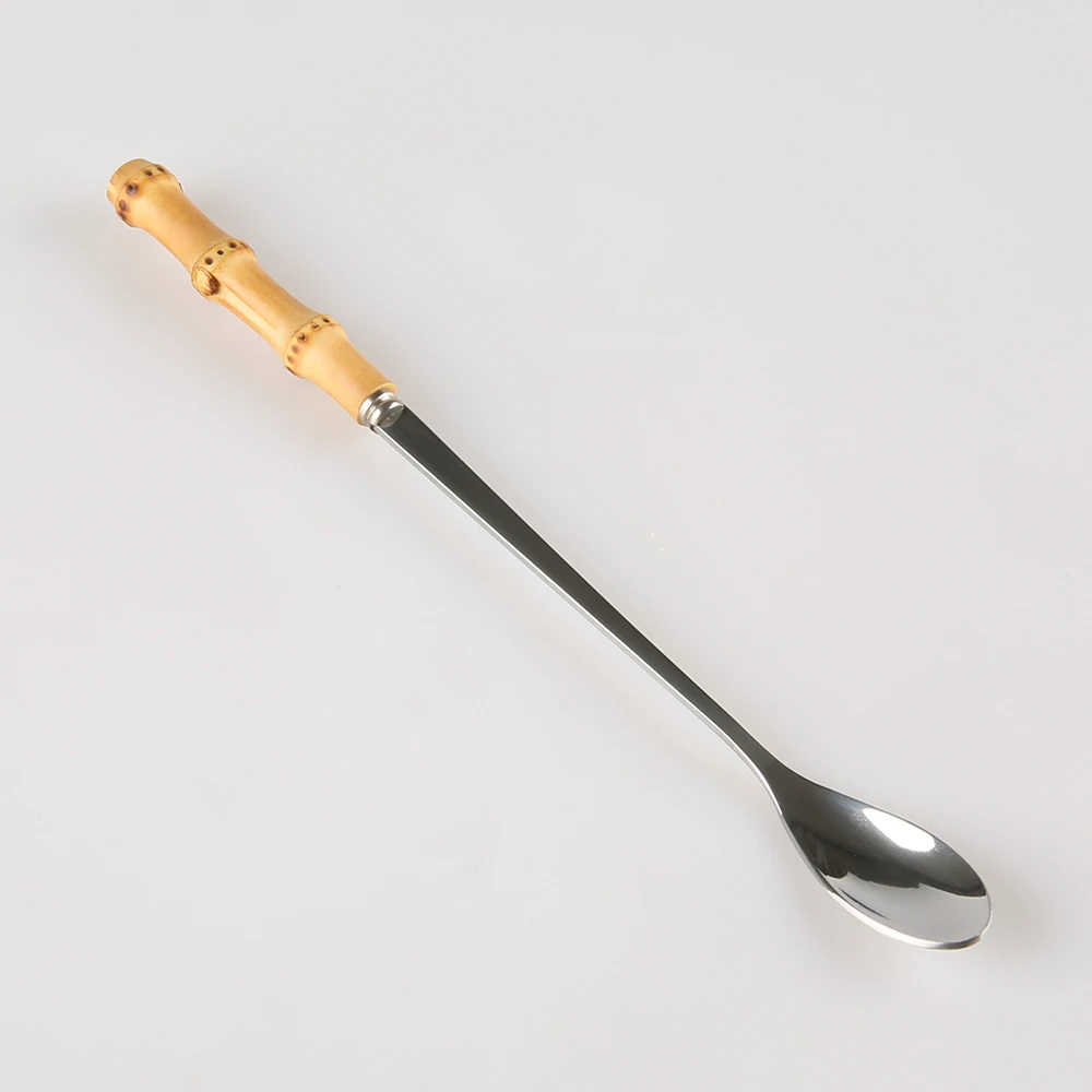 Milk Drink Ice Beverage Dessert Honey Stirring Stainless Steel Wood Bamboo Root Stick Handle Small Long Tea Coffee Spoon