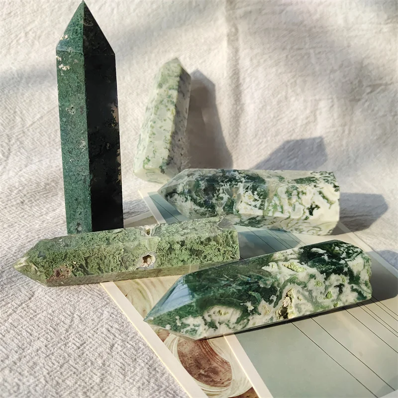 Natural Stones Moss Agate Wand Point Polished Quartz Crystal Healing Reiki Gemstones Home Decoration