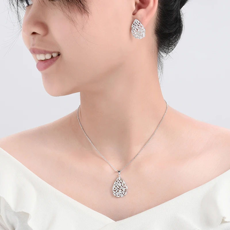 Jewelry Sets HADIYANA Classical Delicate Women Wedding Water Droplets Shape Bridal Necklace And Earrings Set CN321 Bisuteria