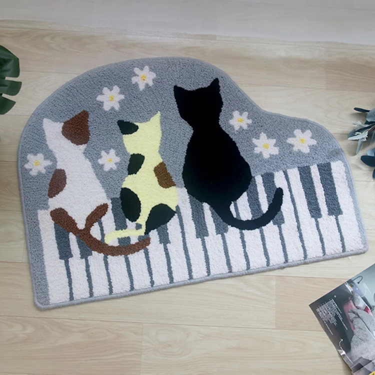 Creative Musical Piano Cute Cat Embroidery Carpet Hallway Entrance Doormat Home Decor Absorbant Bathroom Mat Kitchen Floor Rug