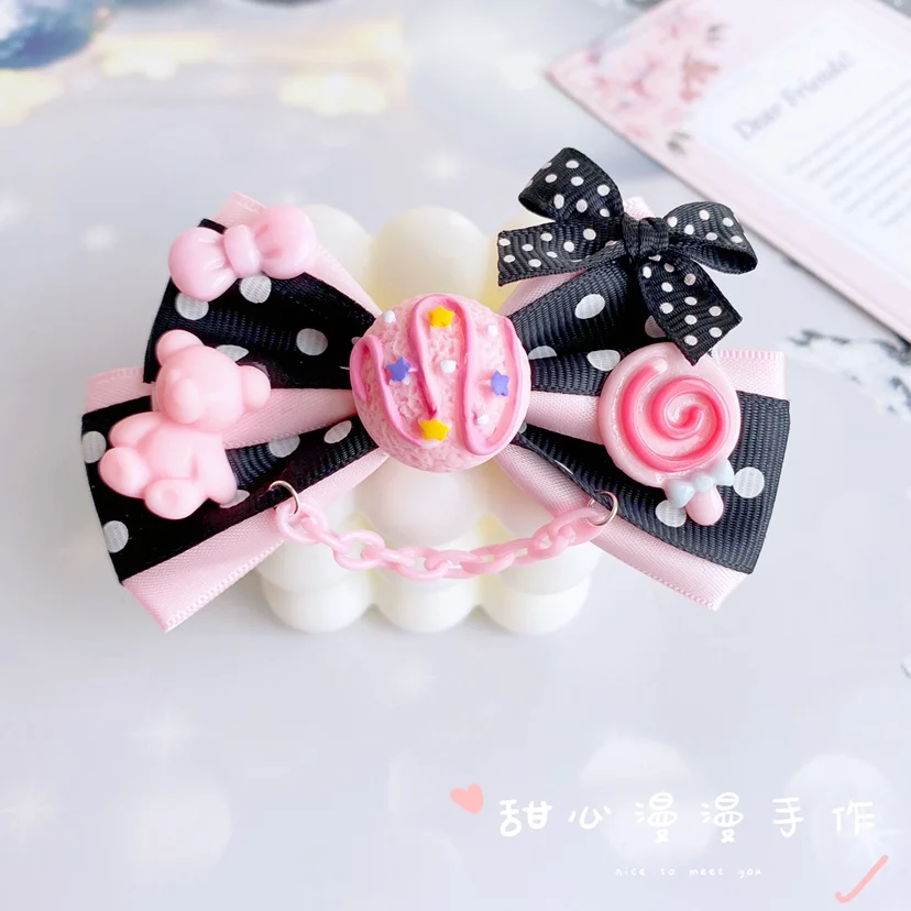 Oryginalny Handmade Lolita słodki łuk Barrettes Lolita stroik miękka dziewczyna łańcuch boczny zacisk żeński