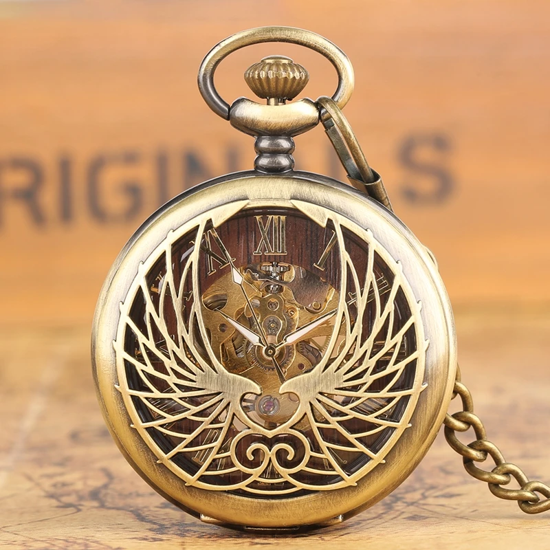 

Steampunk Black/Bronze Hollow Phoenix Carving Mechanical Pocket Watch Roman Numerals Display Pin Chain Retro Clock Collectibles