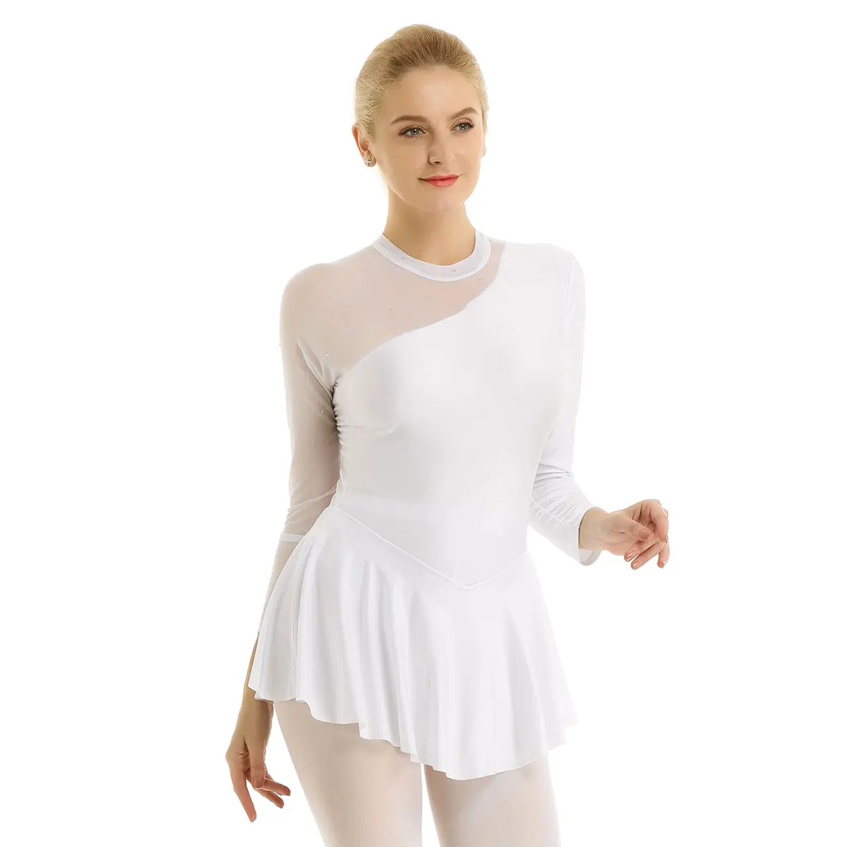 Adult Women Ballet Dance Dresses Bodysuit Figure Skating Clothes Long Sleeve Neck Halter Backless Stage Gymnastics Latin Dress