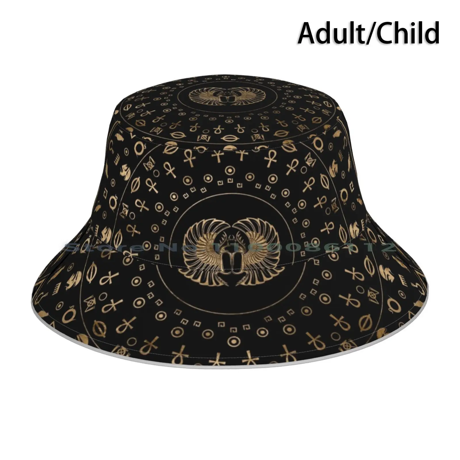 Golden Egyptian Scarab Beetle-In Circular Pattern Bucket Hat Sun Cap Amulet Scarab Beetle Bug Insect Hieroglyphs Egyptian