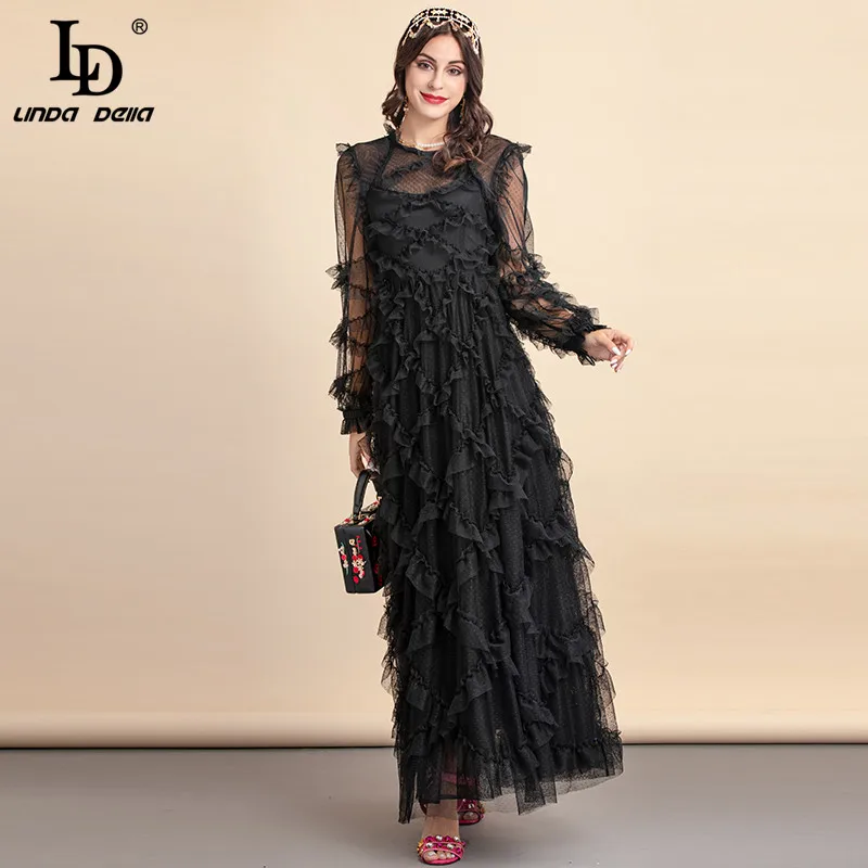 LD LINDA DELLA Fashion Designer Autumn Long Black Dress Women's Long sleeve Cascading Ruffle Elegant Club Party Maxi Dress