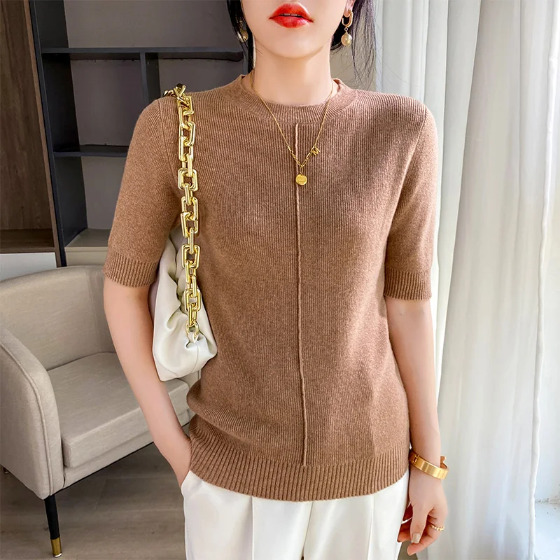 New Fashion Cashmere Sweater Women Knitted Short Sleeve Pullover Women Sweter Short Sleeve Mock Neck Tops