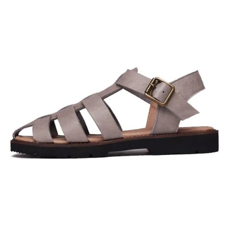 

summer woman sandals Genuine Leather Buckle Strap Flat Toe Round Toe Cutout Comfy Soft Retro Wedge Low Heels Shoes women shoes