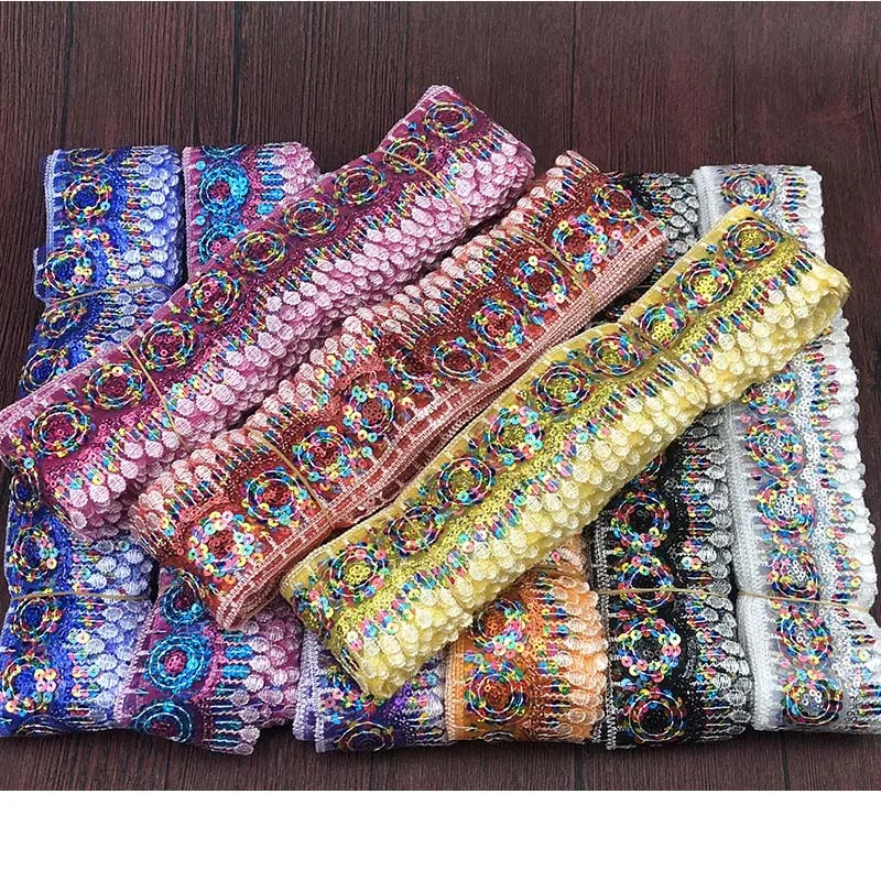 Ethnic Sequins Lace Trims Webbing Embroideried Lace Ribbons Fabric for Dress Bag DIY Sewing Accessories Clothing Decorative