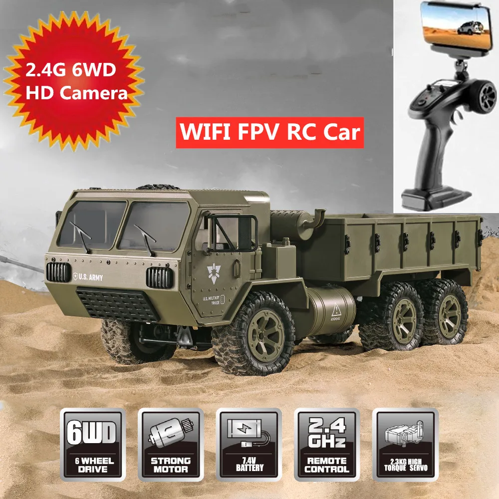 WIFI FPV Army Military Truck With HD Camera  2.4G 6WD Phone Remote Control Car 2KG Loading High SpeedOff-Road RTR Vehical Gifts