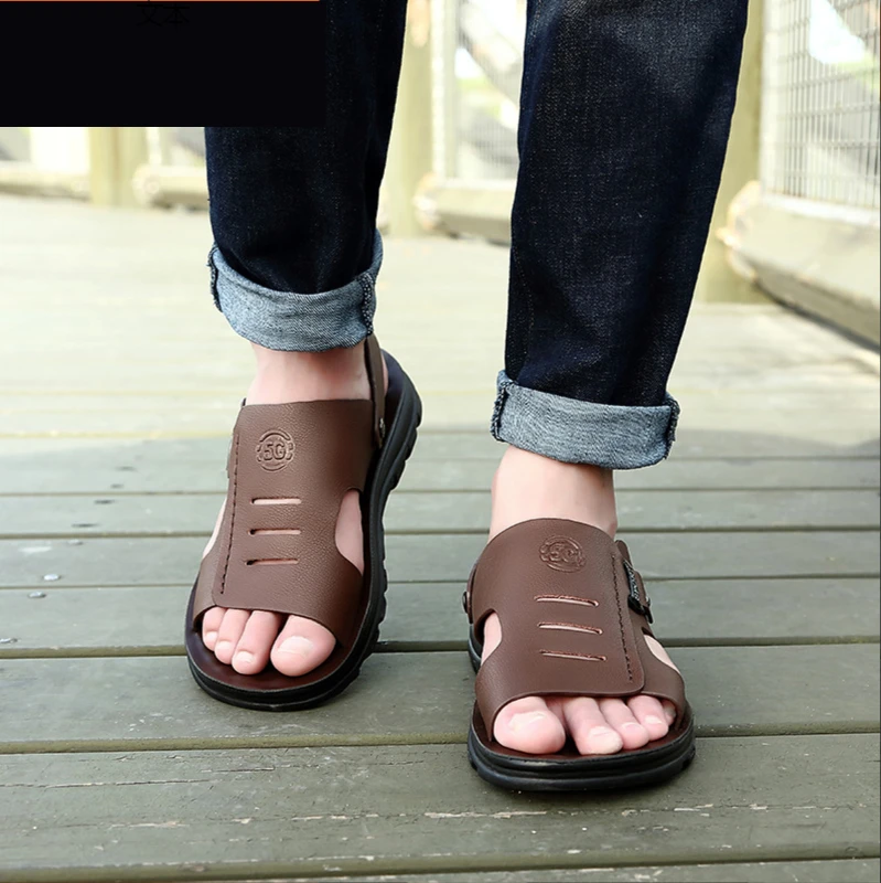 New Men\'s Trendy Casual Summer Sandals Beach Shoes Breathable Cowhide Outer Wear Dual-use Sandals and Slippers Wear-resistant