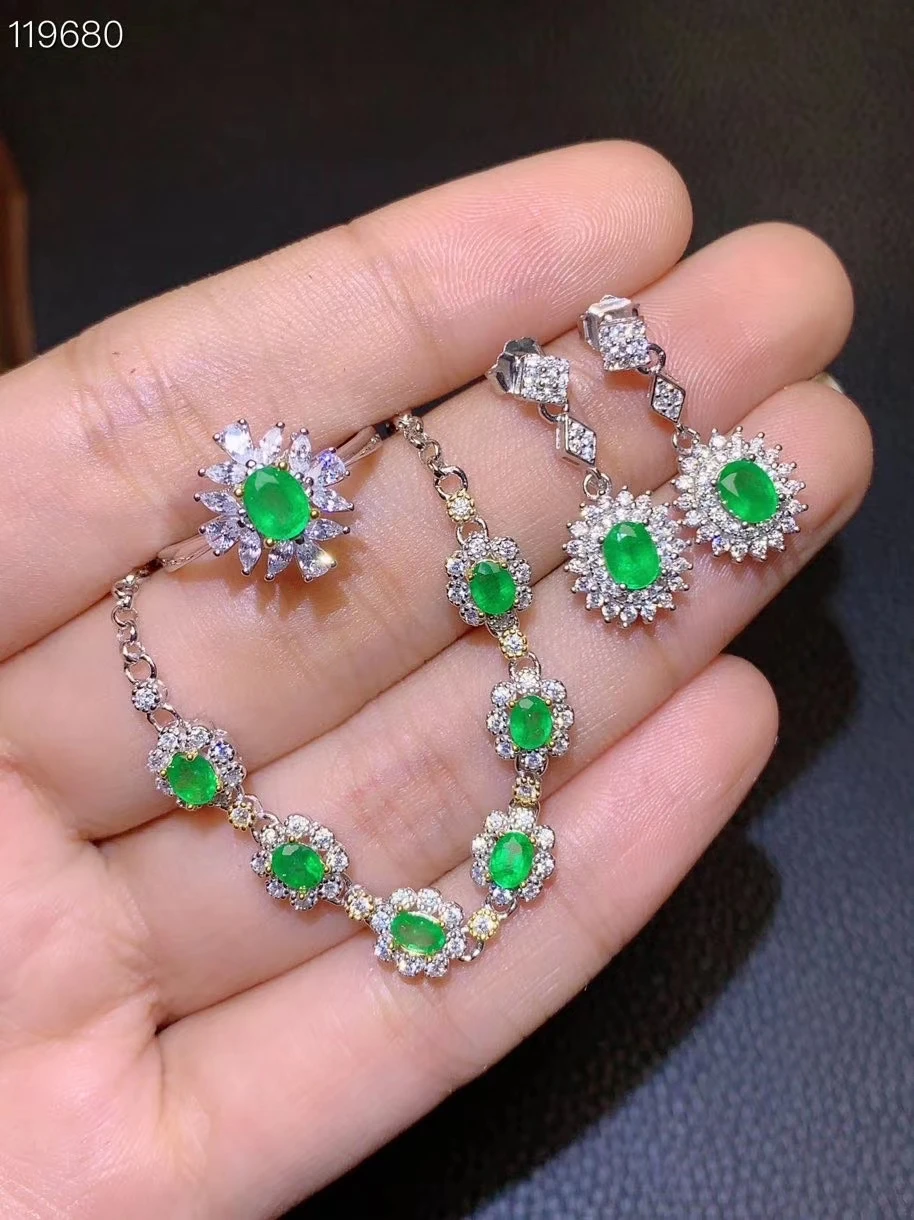 KJJEAXCMY fine Jewelry 925 sterling silver inlaid natural Emerald luxury ring earring bracelet set support test Chinese style