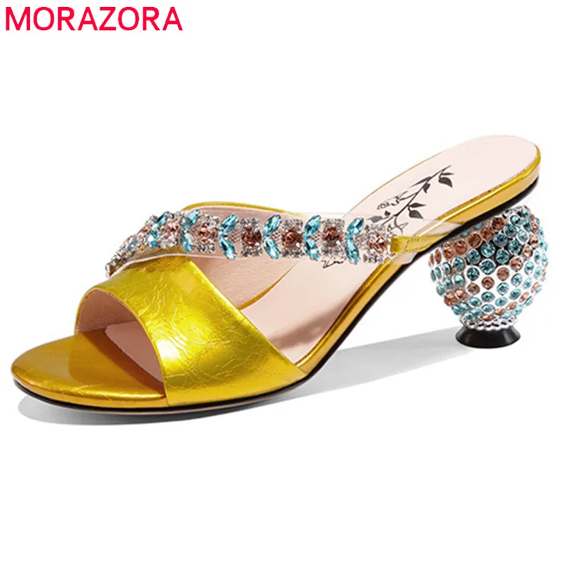 MORAZORA 2024 genuine leather shoes women sandals crystal strange high heel party wedding shoes ladies summer sandals woman