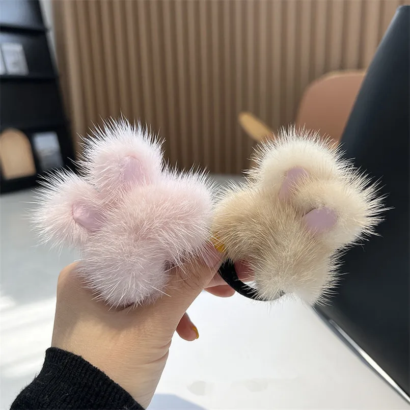 2 Pieces Real Mink Fur Hairband  Cute Bunny Pompom Hair Ties Elastic Ponytail holders For Girls  Women Accessories Gift