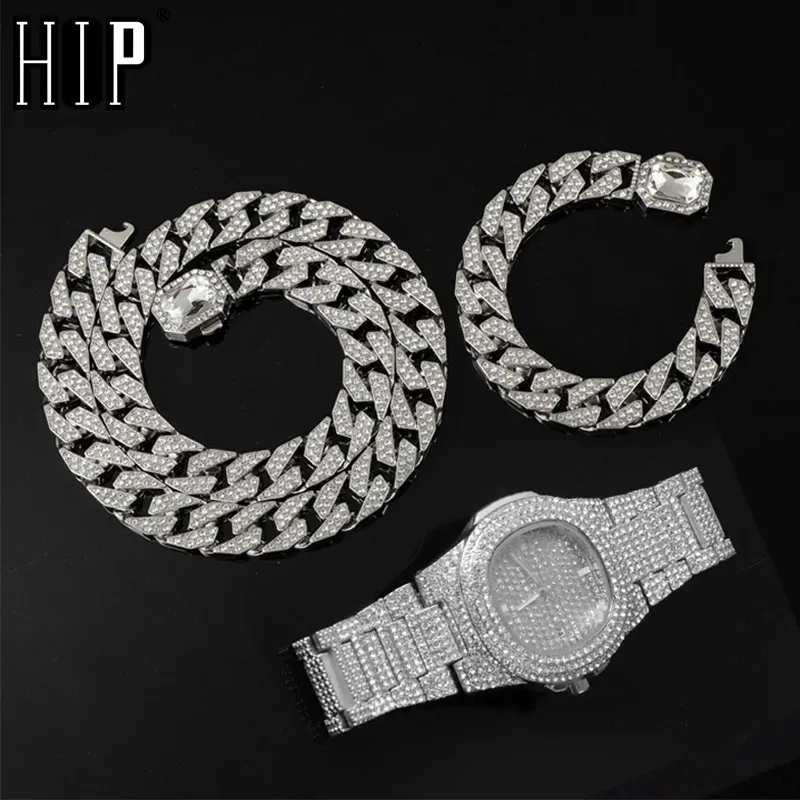 Hip Hop 12.5MM 3PCS KIT Heavy Watch+Square Necklace+Bracelet Bling Crystal AAA+ Iced Out Cuban Rhinestone Chains For Men Jewelry