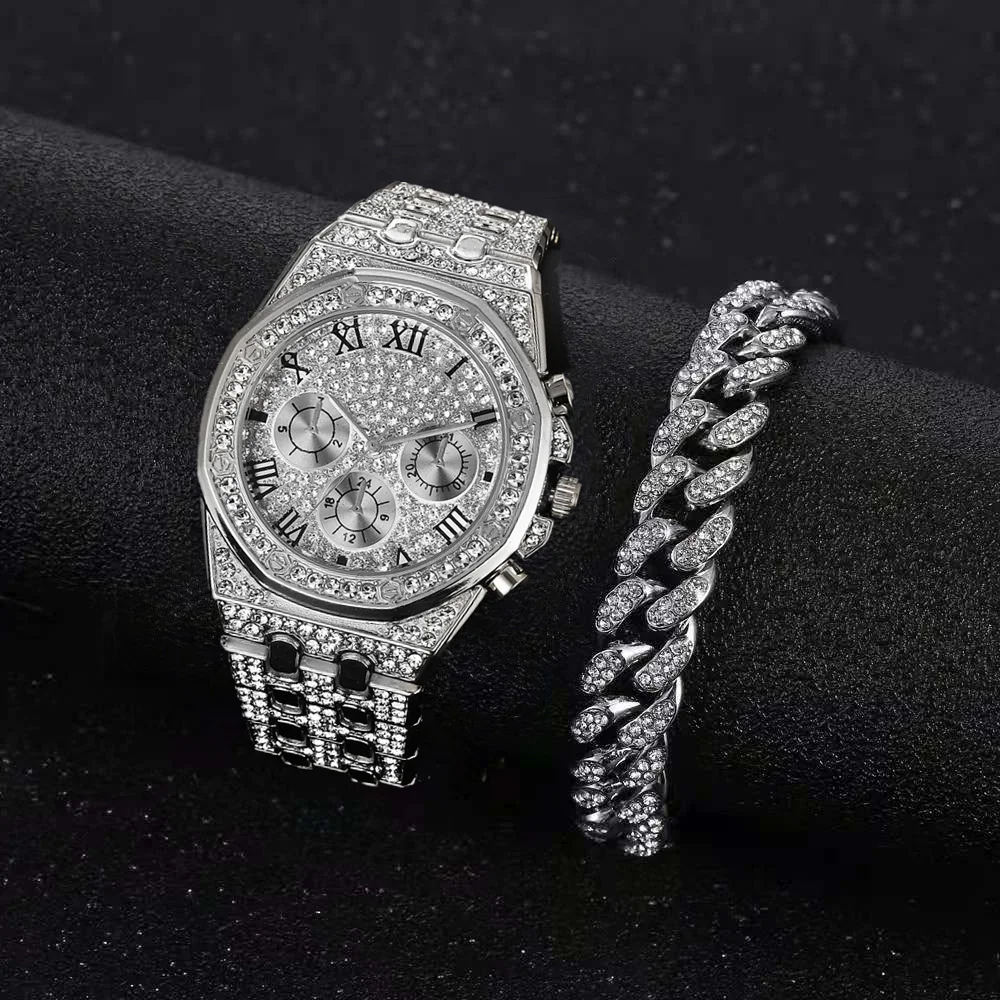 Luxury Iced Out Watch for Men Women Hip Hop Miami Bling CZ Cuban Chain Big Gold Chain Necklace Paved Rhinestones Men Jewelry Set