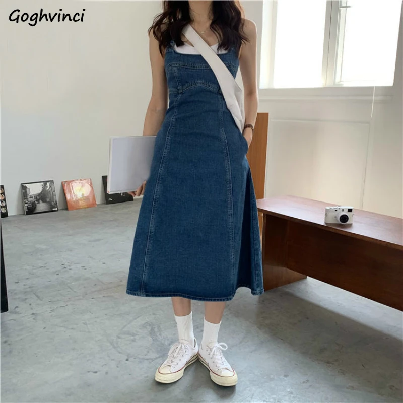 Women Sleeveless Dress Denim Square Collar Zipper Suspenders Spaghetti Strap Vintage Preppy Style Retro Abdomen Students Trendy