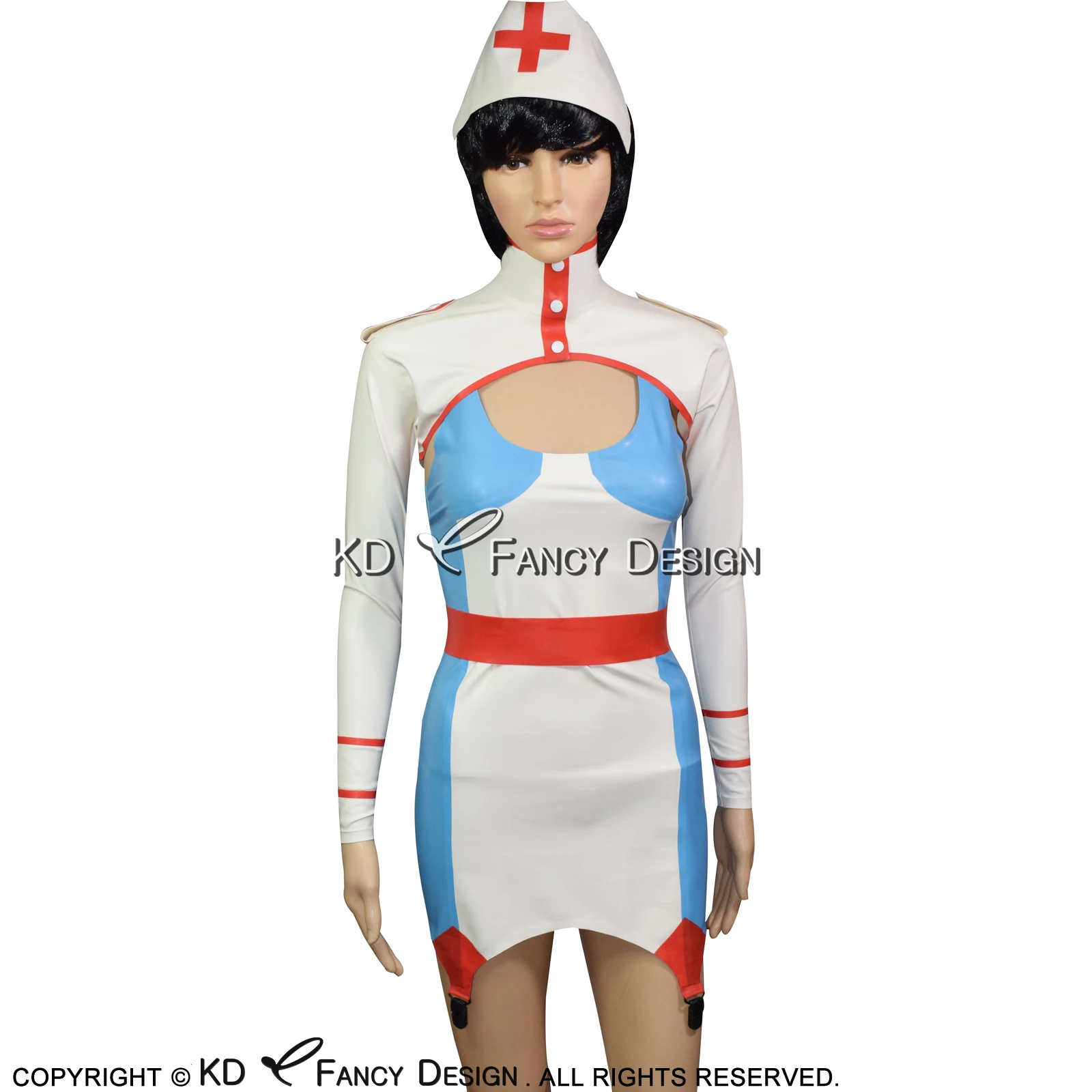 Lake Blue And White Red Sexy Latex Dress With Headgear Garters Rubber Crop Top Uniform Bodycon Playsuit LYQ-0051