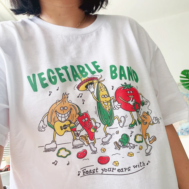 2021 New Vegetable Band Print Funny Uniex Tees Plus Size White Cotton Graphic Shirt Short Sleeve Round Neck T Shirts