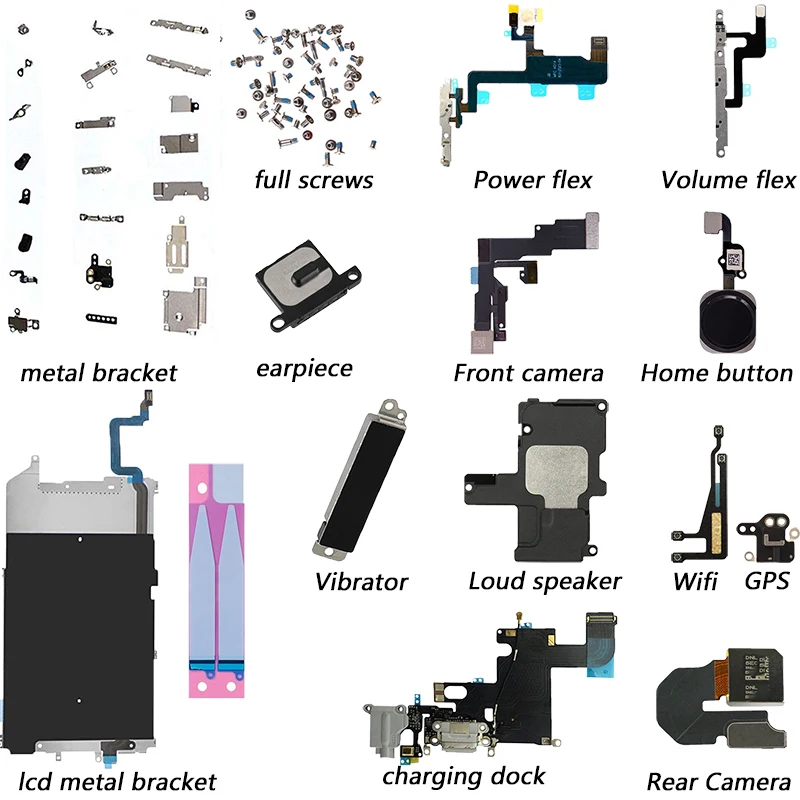 completely set parts for iPhone 6 front rear camera home button key charging dock power volume flex cable WIFI GPS loudspeaker