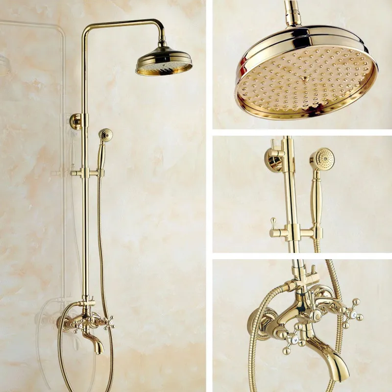 Gold Color Brass Two Cross Handles Wall Mounted Bathroom Rain Shower Head Bath Tub Faucet Set Telephone Shape Hand Spray mgf441