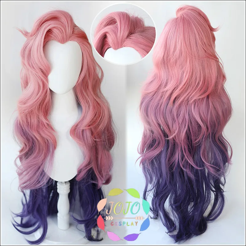 Game LOL Seraphine Pink Purple Gradient Wavy Long Cosplay Heat Resistant Synthetic Hair Carnival Halloween Party + Free Wig Cap