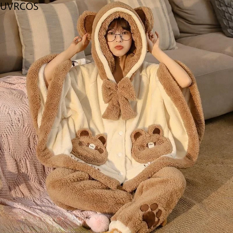 Japan Cute Lolita Pajamas Sets Girls Sweet Bear Ear Hooded Coral Fleece Cloak Sleepwear Women Winter Kawaii Home Clothes Pyjamas