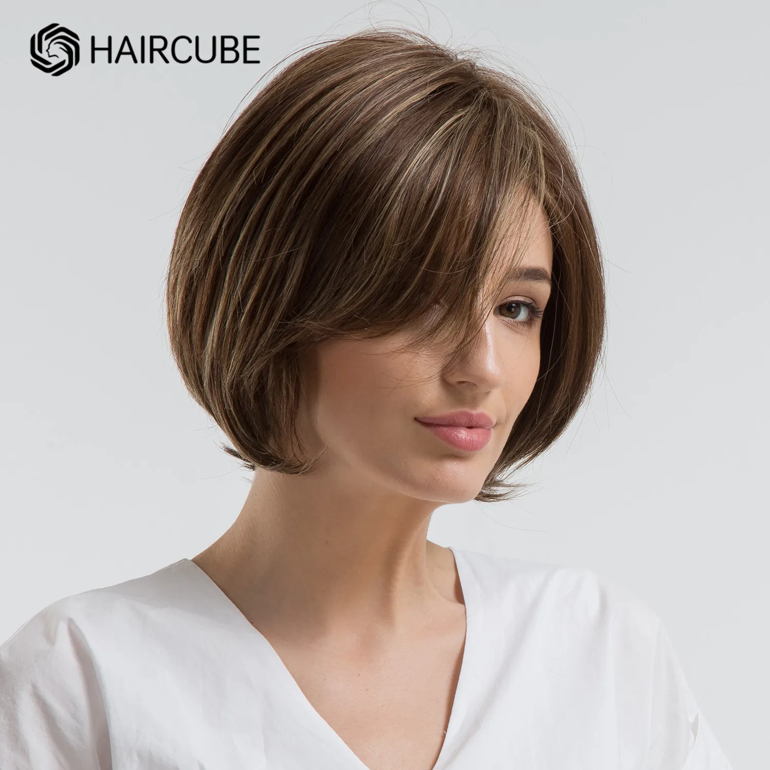 HAIRCUBE-Peluca de cabello humano liso para mujer, cabellera artificial corto con flequillo, corte Bob, mezcla de cabello, 30%