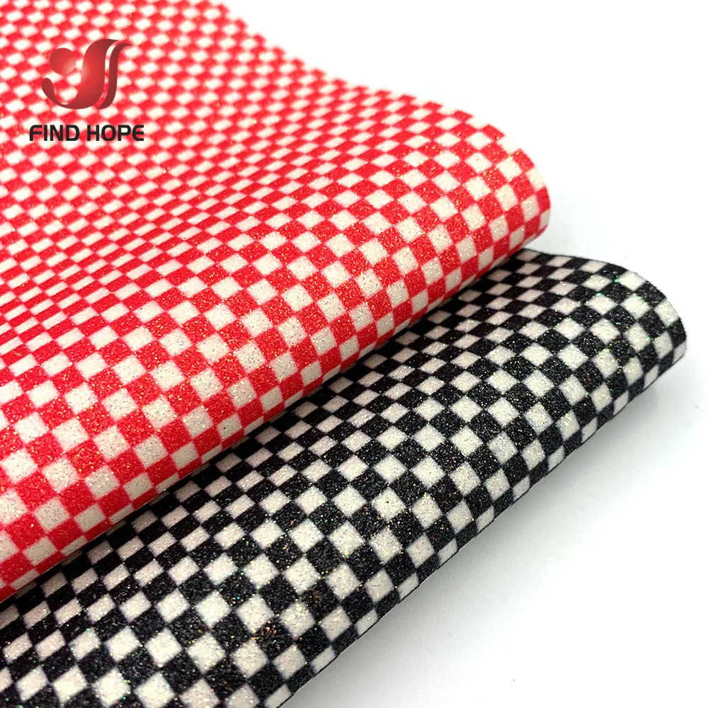 Retro Plaid Printed Frosted Glitter Vinyl Leatherette Fabric Sparkle Faux Synthetic Leather Sheets DIY Craft Hairbows Handmade