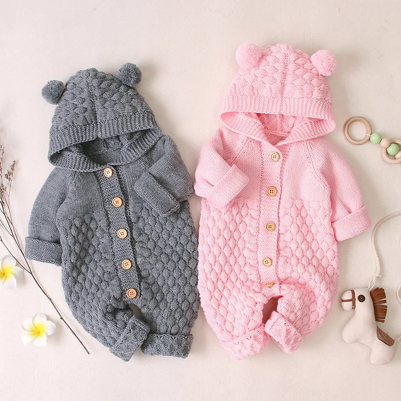 0-24M Newborn Baby Winter Knit Hoodie Romper Long Sleeve Knitted Solid Color Button Sweaters Jumpsuit Knitwear