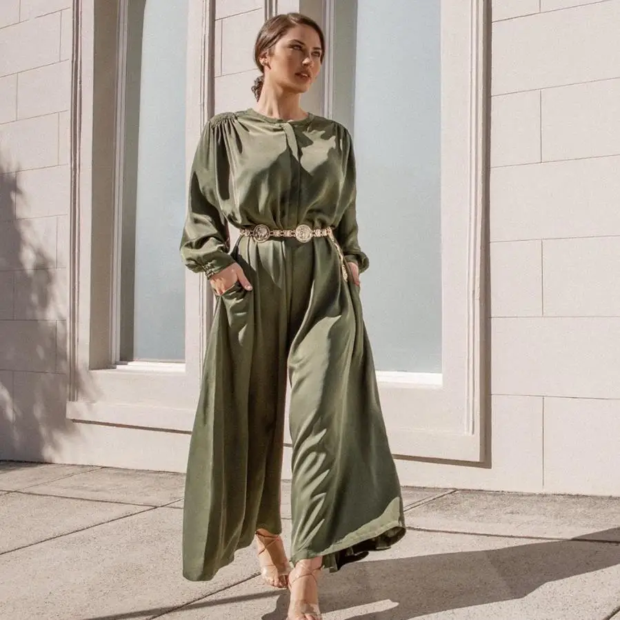 Bộ Đồ Bay Jumpsuits Dubai Thổ Nhĩ Kỳ Trơn Xanh Hồi Giáo Đầm Hồi Giáo Abayas Nữ Vestidos Áo Dây Longue Vetement Femme Musulman De Chế Độ F2696