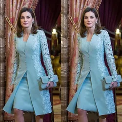 Vestidos de encaje azul claro para madre de la novia, longitud hasta la rodilla, vestidos de fiesta de boda, manga larga, asequible, venta al por mayor, 2023