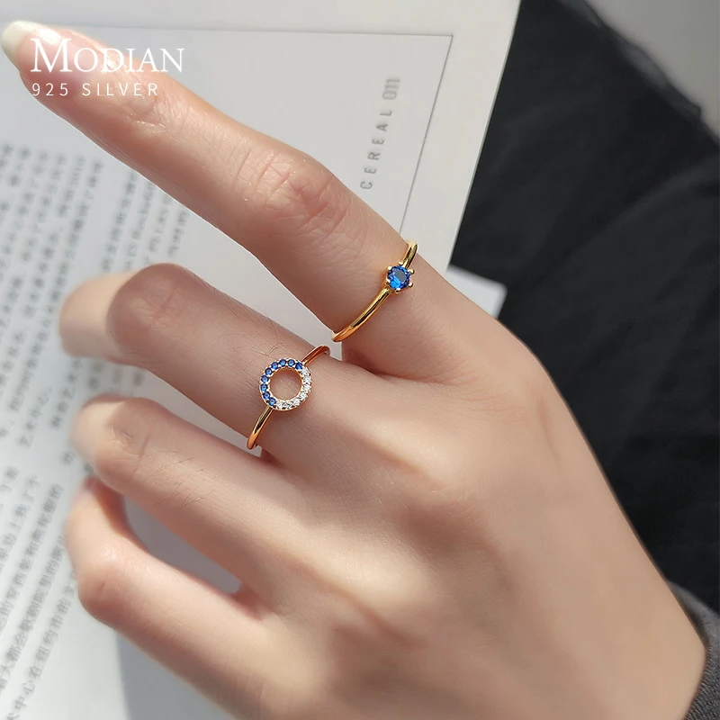 Modian Brands Water Drop Round Square Blue Crystal Opening 925 Sterling Silver Ring for Women Korea Style 3 Style Fine Jewelry